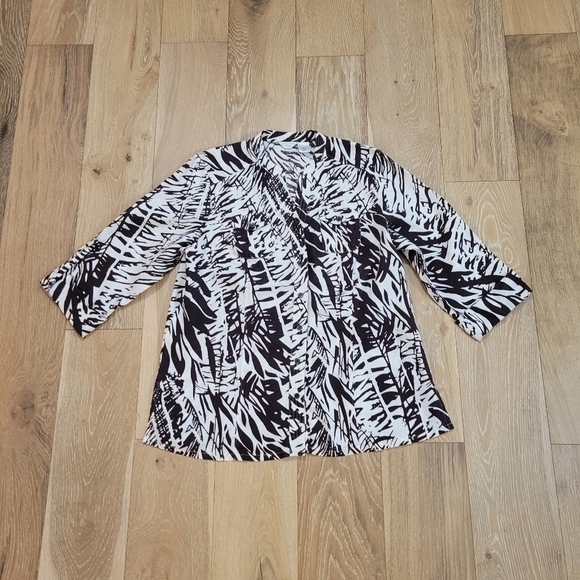 Laura Ashley 100% linen 3/4 sleeve brown/white abstract print tunic size LP - Picture 2 of 6